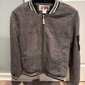 EV1 Women's Gray Plaid Bomber Jacket with Pink Accents